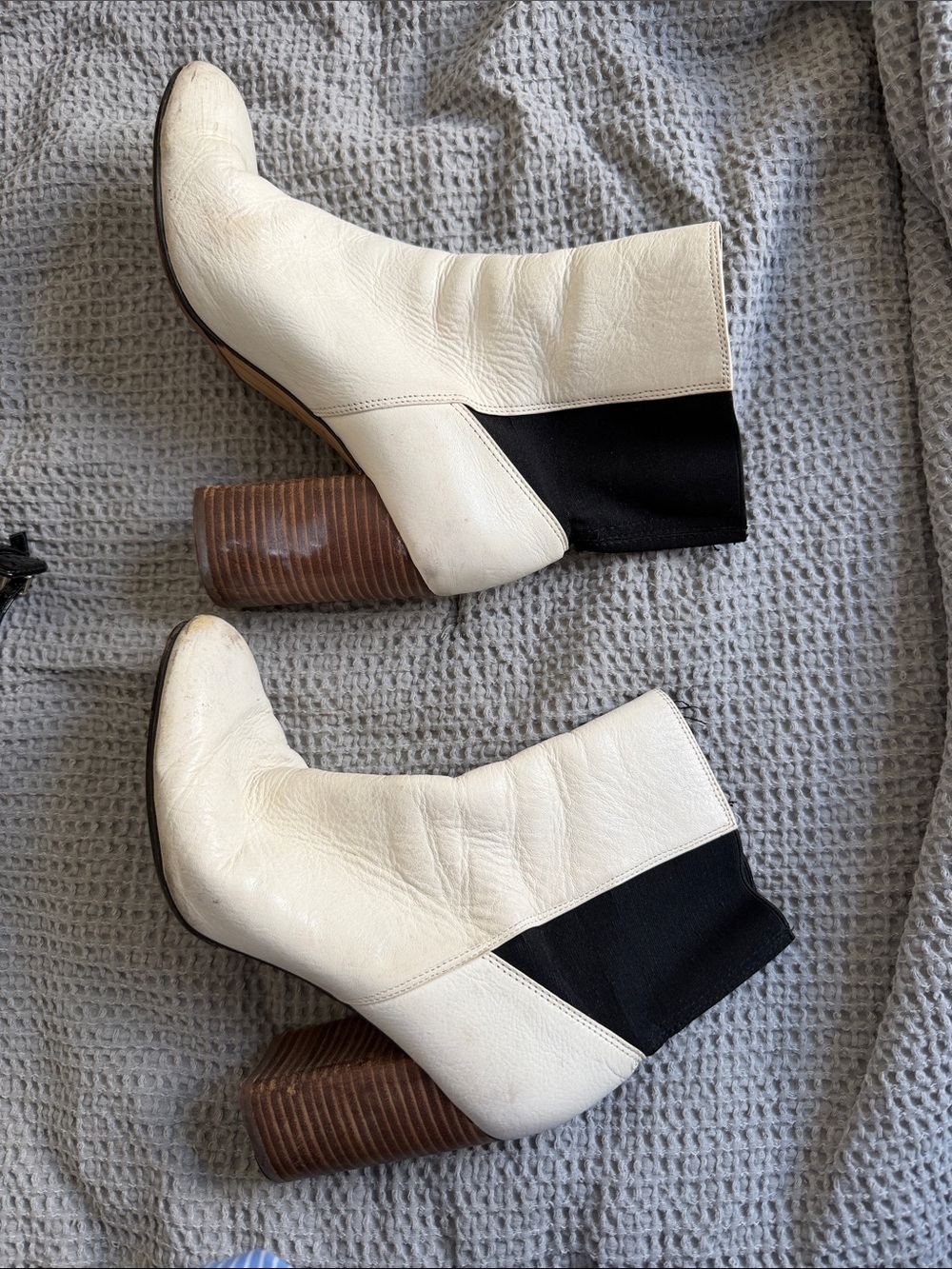 White Leather Ankle Boots with Black Elastic Panel
